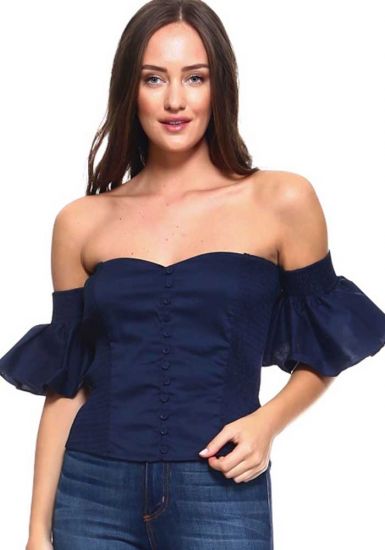 Women's Sexy Ruffled Strapless Corset Style Smocked Top with Faux Button Up. Navy Color.
