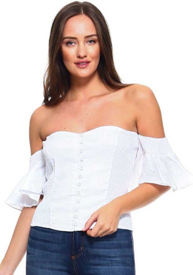 Women's Sexy Ruffled Strapless Corset Style Smocked Top with Faux Button Up. White Color.