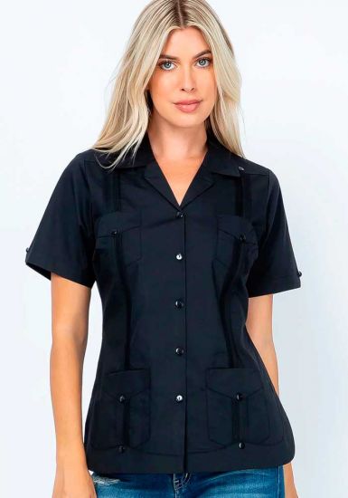 Uniform Guayabera Poly-Cotton Wholesale Short Sleeve for Ladies. Black Color. Runs Small