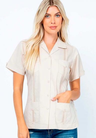 Uniform Guayabera Poly- Cotton Wholesale Short Sleeve for Ladies. Beige Color. Runs Small