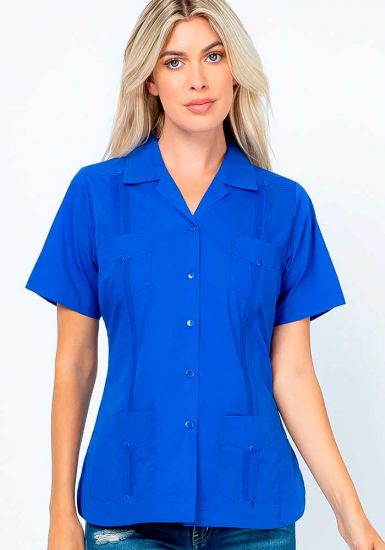 Uniform Guayabera Poly- Cotton Wholesale Short Sleeve for Ladies. Royal Blue Color. Runs Small