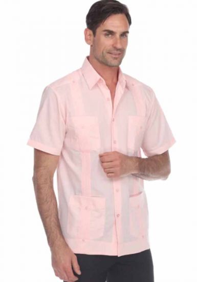 Poly-Cotton Guayabera. Traditional Cuban Guayabera. Short Sleeve. Four Pockets. Light Pink Color.