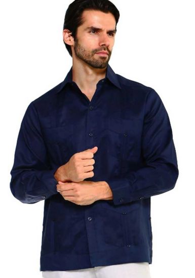 Long Sleeve Uniform Poly-Cotton Guayabera. Navy Color.
