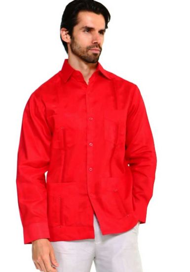 Long Sleeve Uniform Poly-Cotton Guayabera. Red Color.