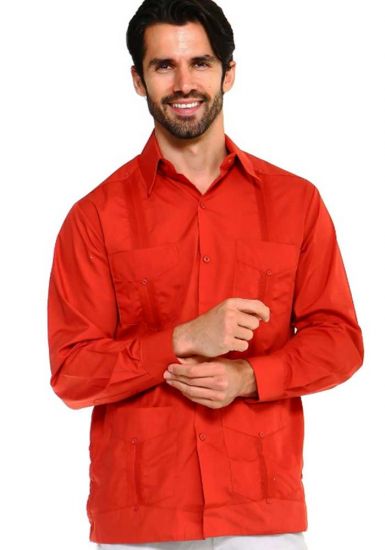 Long Sleeve Uniform Poly-Cotton Guayabera. Rust Color.