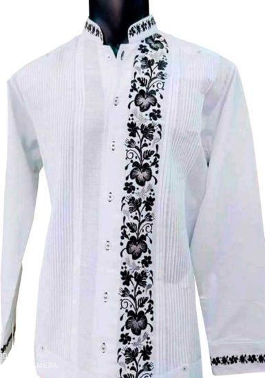 Refined Handmade Guayabera. Long sleeve. Collar Mao. Orchids Embroidery. 100% Linen. Back-order.