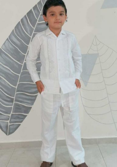 ITATI Set Guayabera for kids. Shirt Long Sleeves and  Drawstring Pants. White Color.