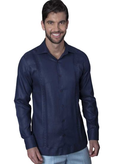 Guayabera Formal Shirt. 100% Linen. Long Sleeve. Finest Tuck & Embroidery. High Quality. Double Eyelet for use Cufflinks. Navy Color. Back Orders.