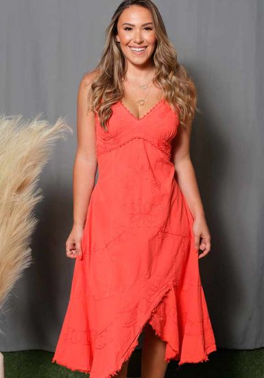 Peruvian Cotton Long Dress with Crossed Skirt at the Front. Tropical Dress for Beach. Sexy for Women. Juvenile Dress. Coral Color.