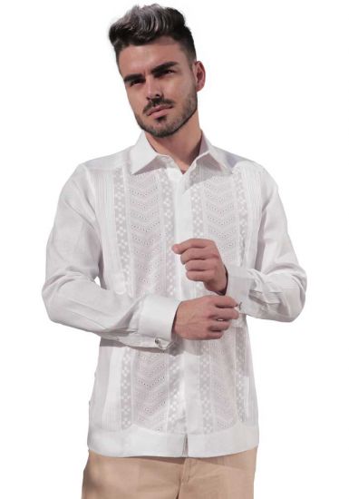 Grooms Deluxe Guayabera Finest Shirt. Hidden Button. Double Eyelet for use Cufflinks. Linen % White Color. Backorder.