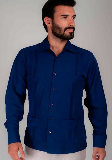 Bamboo Fabric. Mexican Traditional Guayabera. Long Sleeve. Haute Couture. Double Eyelet for use Cufflinks. Blue Navy Color. Backorder.
