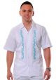 Manta Lavada. Guayabera Fashion for Weddings. Short Sleeves. Embroidered in Turquoise Color. Back-order.