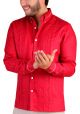 Men's Premium 100% Linen Guayabera Shirt Long Sleeves. No Pocket. Design with Contrast Print Trim. Red Color. Back Orders.