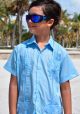 D'ACCORD Poly-Cotton Toddler Guayabera for Kids. Four pockets. Blue Color.