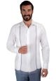 Casual Guayabera Shirt with Pleats and Navy Guayabera Hem. 100% Linen. No Pockets. Hidden Buttons. Double Eyelet for use Cufflinks. White/Navy Color. Backorder.