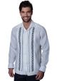 Hem Guayabera With Embroidery Navy & Gray  and Pleats. Linen 100 %. Double Eyelet for use Cufflinks. Back Orders. White Color.