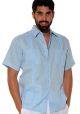 Four pockets Cuban Party Guayabera Short Sleeve. Regular Linen. Light Blue Color.