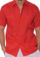 Four pockets Cuban Party Guayabera Short Sleeve. Regular Linen. Red Color.