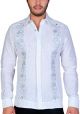 Exquisite Embroidery Guayabera. Linen 100 %. White/Gray Color. Back Orders.