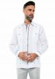 Men's Premium 100% Linen Guayabera Shirt  with Print Trim Accent. Long Sleeve. Two Pockets. White Color.