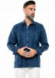 Men's Premium 100% Linen Guayabera Shirt  with Print Trim Accent. Two Pockets. Long Sleeve. Navy Blue Color.