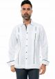 Men's Premium 100% Linen Guayabera Shirt  with Print Trim Accent. Two Pockets. Long Sleeve. White Color.