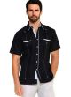 Men's Premium 100% Linen Guayabera Shirt Short Sleeve 2 Pockets Design with Contrast Print Trim. Black Color.