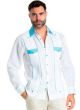 Linen Shirt Guayabera Long Sleeve Button Down with Collar Cuff and Pocket Gingham Print Trim. White & Aqua Color.