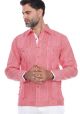 Party Latin Pinstripe Premium 100% Linen Guayabera Shirt,  Long Sleeve for Men. Two Pockets. Red Color.