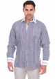 Party Stripe Print 100% Linen Guayabera Shirt Long Sleeve. Navy Blue Color.