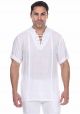 Men's Mandarin Collar Beachwear Lace Up Short Sleeve Shirt. White Color.