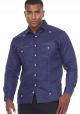 Guayabera Shirt Long Sleeve 100% Linen With Stylish Polka Dot Print Trim. Navy Blue Color.