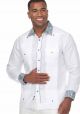 Guayabera Shirt Long Sleeve 100% Linen with Stylish Print Trim Accent. White/Navy Color.