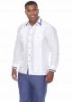 Guayabera Shirt Long Sleeve 100% Linen with Stylish Stripe Trim. White/Royal Blue Colors.