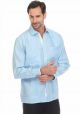 Men's Premium 100% Linen Guayabera Shirt. Long Sleeve with Print Trim Accent. Two Pockets. Blue Color.