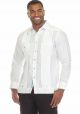 Men's Premium 100% Linen Guayabera Shirt. Long Sleeve with Print Trim Accent. Two Pockets. White/Aqua Color.