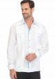 Party Latin Guayabera. Men's 100% Linen Guayabera Shirt. Stylish Print Trim Accent. White / Aqua Color.