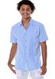Men's Guayabera Style Gingham Pattern Cuban Shirt - Button Up Short Sleeve. Cotton 100%. Light Blue Color.