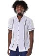 Men's Elegant Linen Guayabera Shirt - White Pleated Buttons. Linen 100%. Short Sleeves. White/Navy Color.