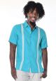 Short Sleeves Fancy Pin Tucked Ribbon Panel. Guayabera Style Linen Shirt for Men. Green/Natural Color.
