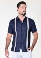 Short Sleeves Fancy Pin Tucked Ribbon Panel. Guayabera Style Linen Shirt for Men. Navy Blue/White Color.