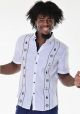 Men's Fancy Guayabera Shirt. 100% Linen. Nautical Embroidered Front Panels. White/Navy Blue Color.