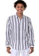Men BLACK Linen Roll-Up Long Sleeve Button Up Stripe Shirt. 100 % Linen Casual Shirt. Ivory / Black Color.