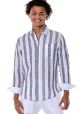 Men NAVY Linen Roll-Up Long Sleeve Button Up Stripe Shirt. 100 % Linen Casual Shirt. Ivory / Navy Blue Color.