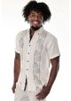 Short Sleeve Shirt. Men's 100% Linen Embroidered Panel. Ivory/Olive Color.