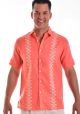 Men Bohio 100 % Linen Shirt. Printed. Short Sleeve Embroidered. Coral Color.