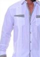 Elegant Guayabera with Contrast Line Trim in Black. 100% Cotton. Long Sleeves. White/Black Color.