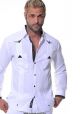 Elegant Guayabera 100% Cotton with Contrast Line Trim in Black. Long Sleeves. White/Black Color.