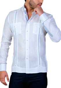 Linen Shirt Guayabera Long Sleeves. Print Details. White/Navy Color. Back Orders.