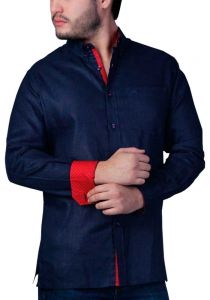 Men's Premium 100% Linen Guayabera Shirt Long Sleeves. One  Pocket. Design with Contrast Print Trim. Navy/Red Color. Back Orders.